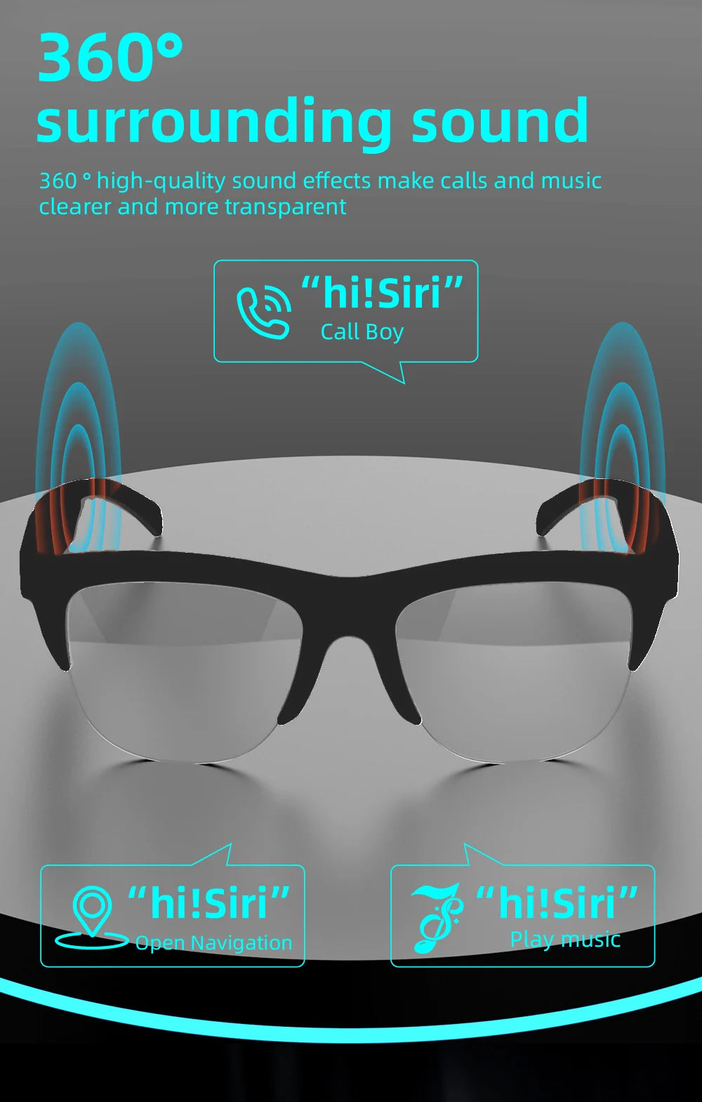 Bluetooth Smart Glasses - Immersive Spatial Audio Hands-Free Black Tidesmit