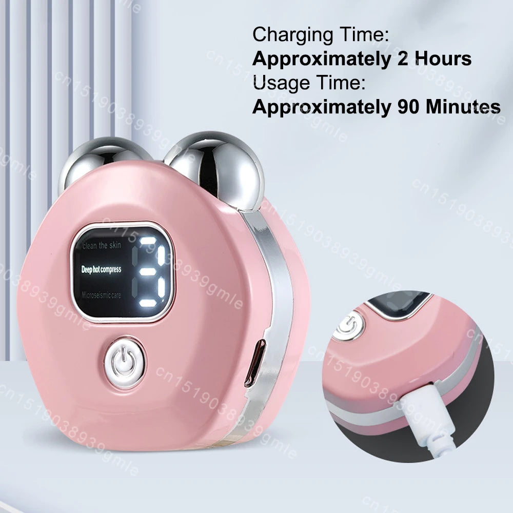 Pink, bear-shaped facial massager with silver rollers, an LED display, and a USB charging port.