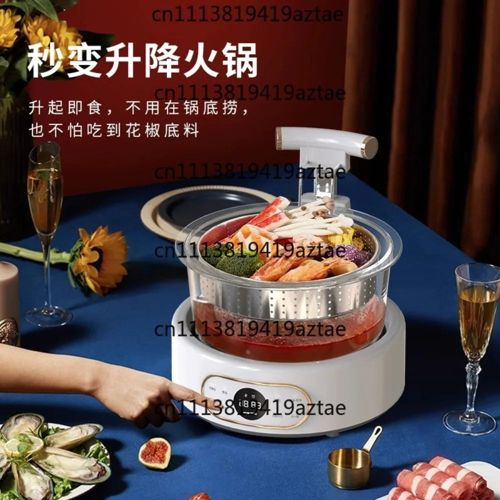 White electric steaming multi cooker with stainless basket, clear lid, on blue table