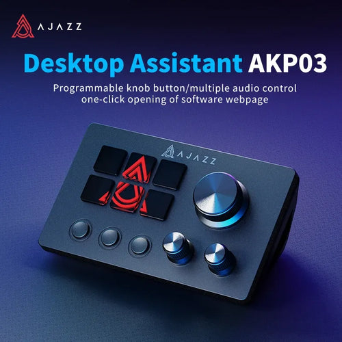 Ajazz AKP03 dark gray programmable macro keyboard with LCD keys, three circular buttons, and two adjustment knobs.