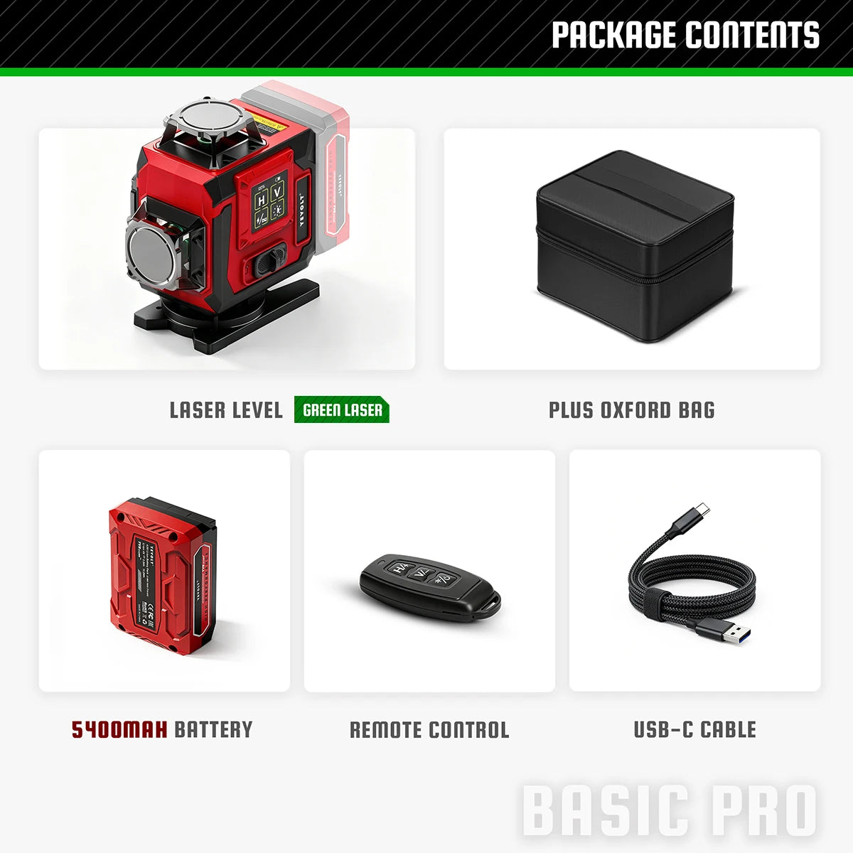 Green laser level kit with red laser unit, plus Oxford bag, battery, remote control, USB-C cable