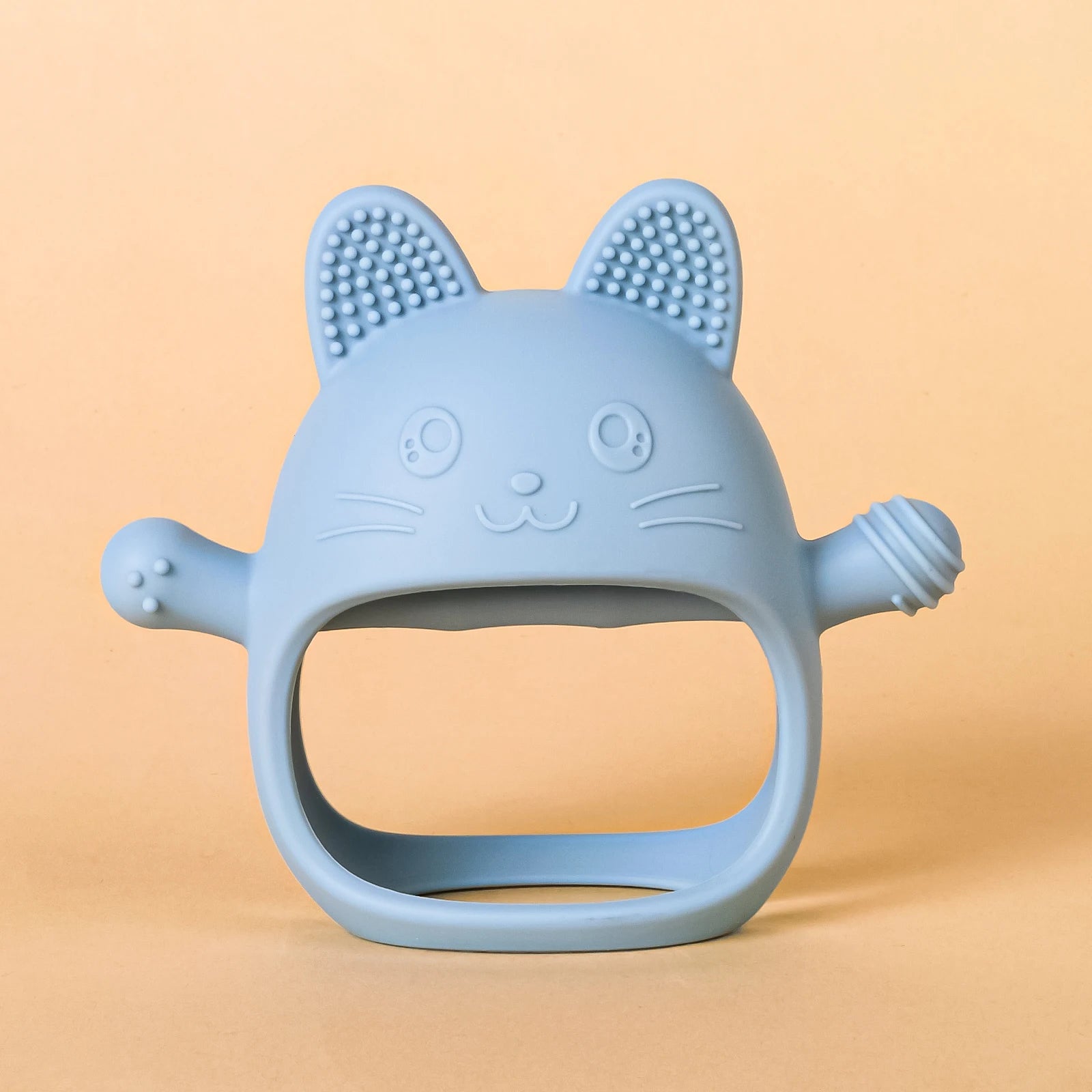 Blue cat silicone baby teething toy to soothe sore gums.