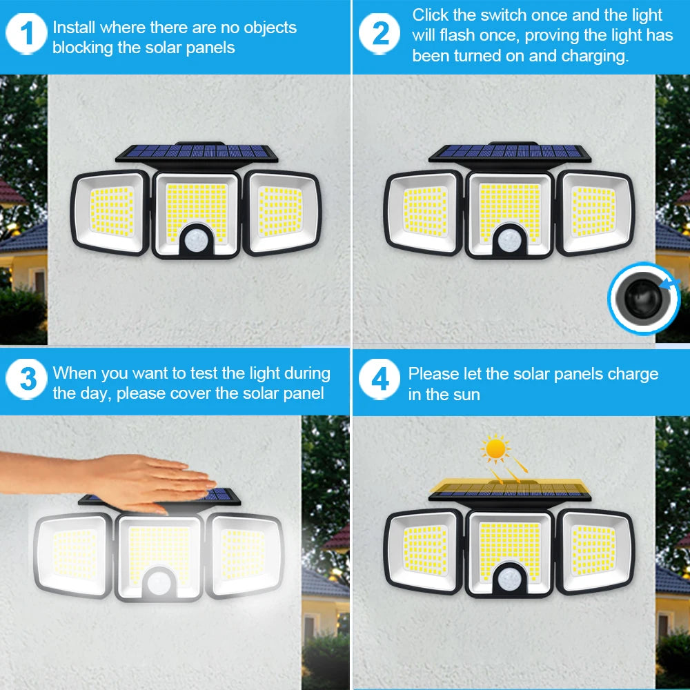 Solar Lights Outdoor 3 Heads Motion Sensor 286/236LED Security Flood Lights Waterproof 3 Modes Wall Lamp for Garden Patio Yard