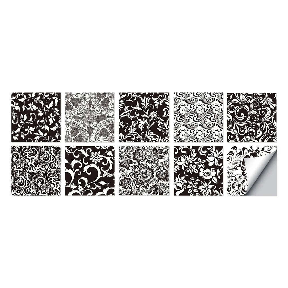 10 pcs/pack, Black and White Floral hard PVC Self-Adhesive Tile Stickers - Waterproof, Oil-Proof, Easy to Clean for Home Decor