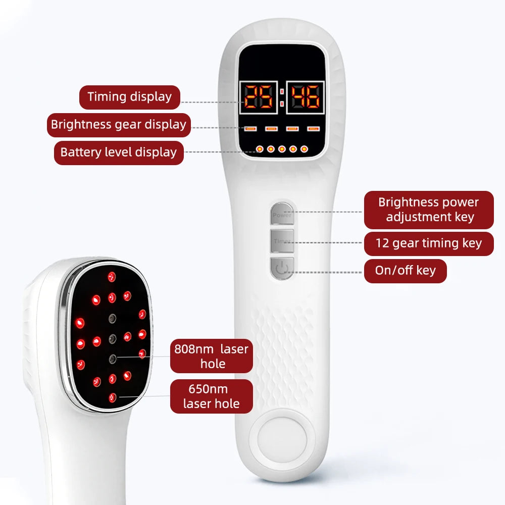 White handheld infrared beauty device with digital display, control buttons, and red LED laser treatment head.