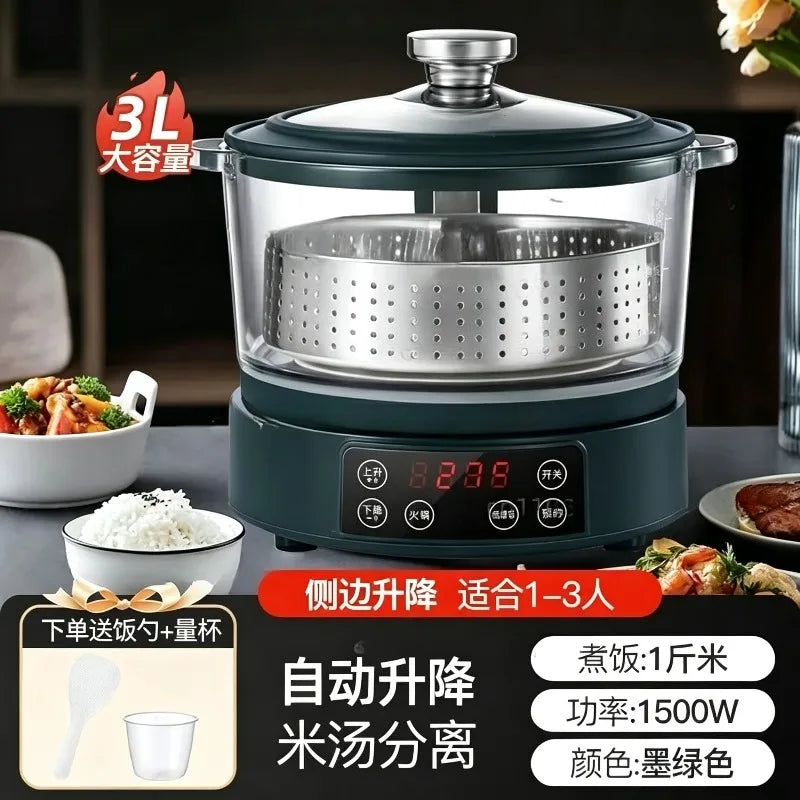 Dark green 3L electric rice cooker with stainless lid and steaming basket inside