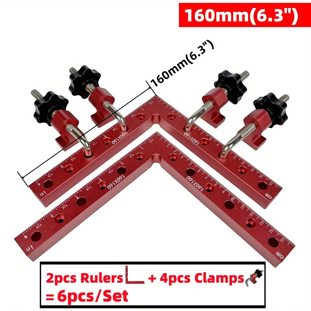Red 90-degree corner square clamps set with adjustable black/red locking handles, 160mm size