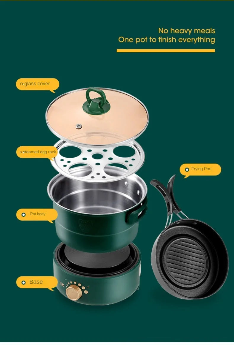 Green electric multi-cooker parts: glass lid, pot body, base, and frying pan