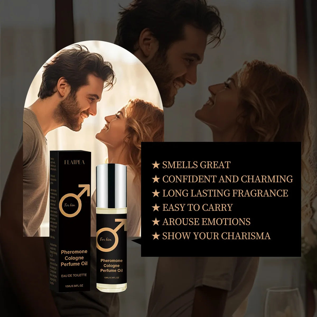 Flaipea Pheromone Cologne for men: Long-lasting Eau de Toilette oil in a sleek, portable 10ml cylindrical glass bottle.