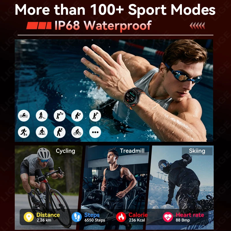 LIGE 2026 New GPS Path Smart Watch 530mAh Battery IP68 Waterproof Sports Run Tracker BT Call Outdoor Compass Military Smartwatch