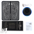 Black EMS foot massage mat with circular rechargeable controller, USB cable, and manual for sore foot relief.