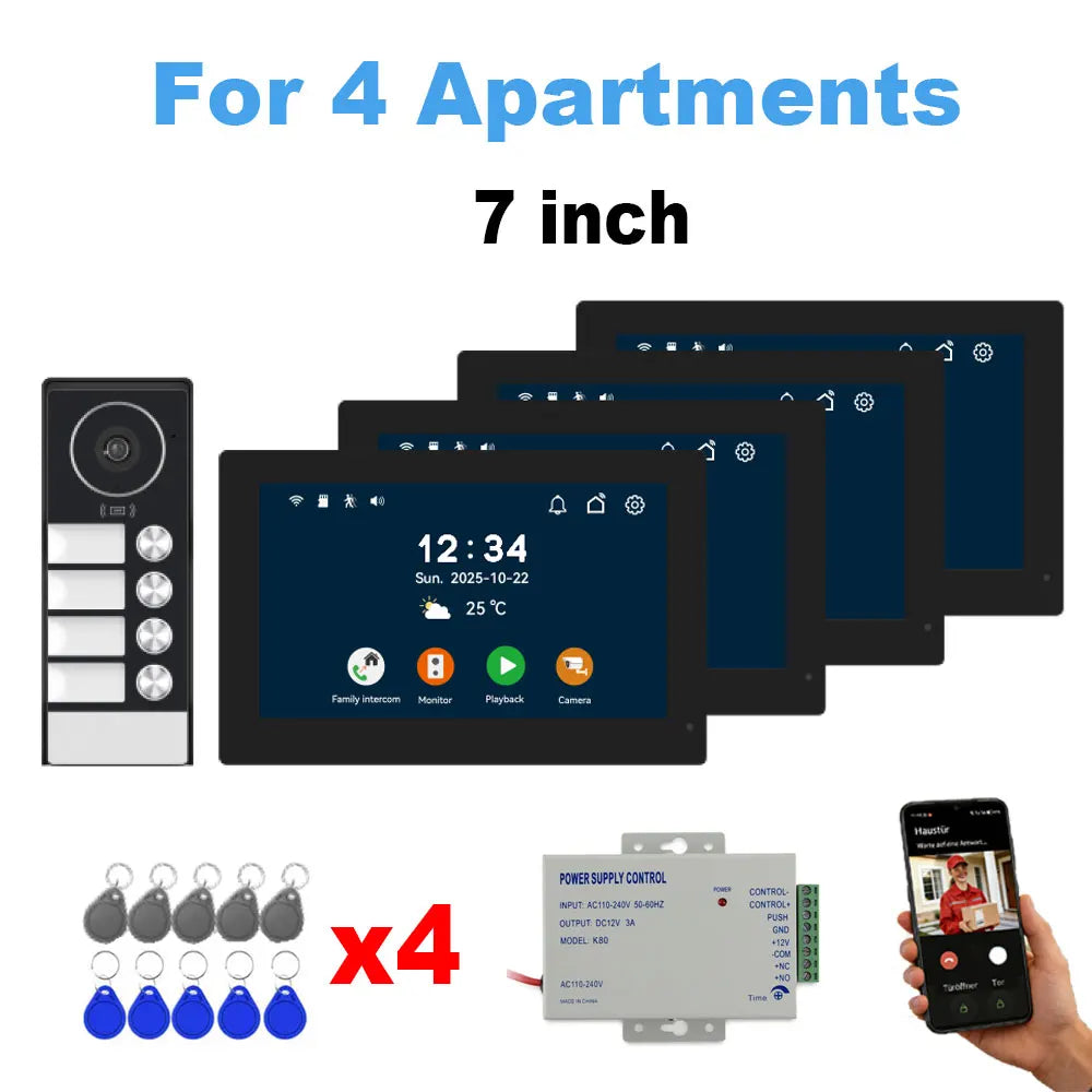 7" Touch Monitor Tuya WIFI Video Building Intercom System 2 Wire Cable Port 2-4 Units Apartment Video Door Phone Doorbell Kits