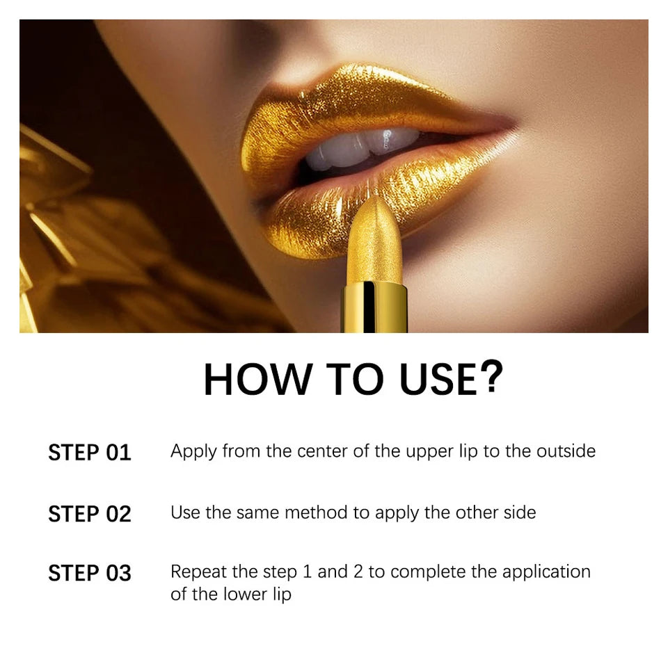 Long-lasting waterproof gold shimmer lipstick in a gold brick tube, showing application on lips with glitter texture.