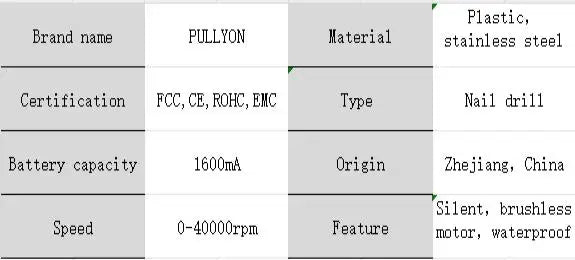 Pullyon 40000RPM professional rechargeable nail drill specification chart for home and salon manicure pedicure use.