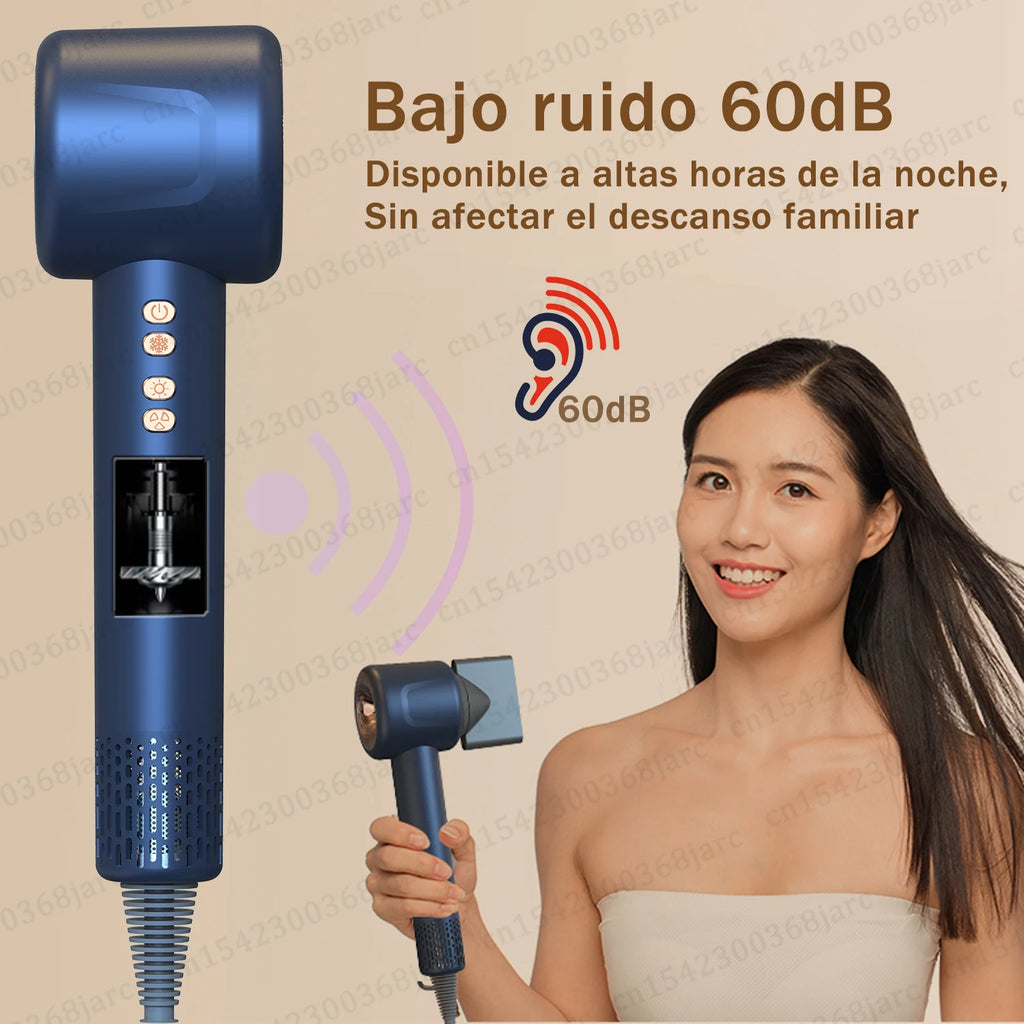 Blue professional leafless hair dryer with low-noise tech, ion care, and nozzle attachment for quick salon drying.