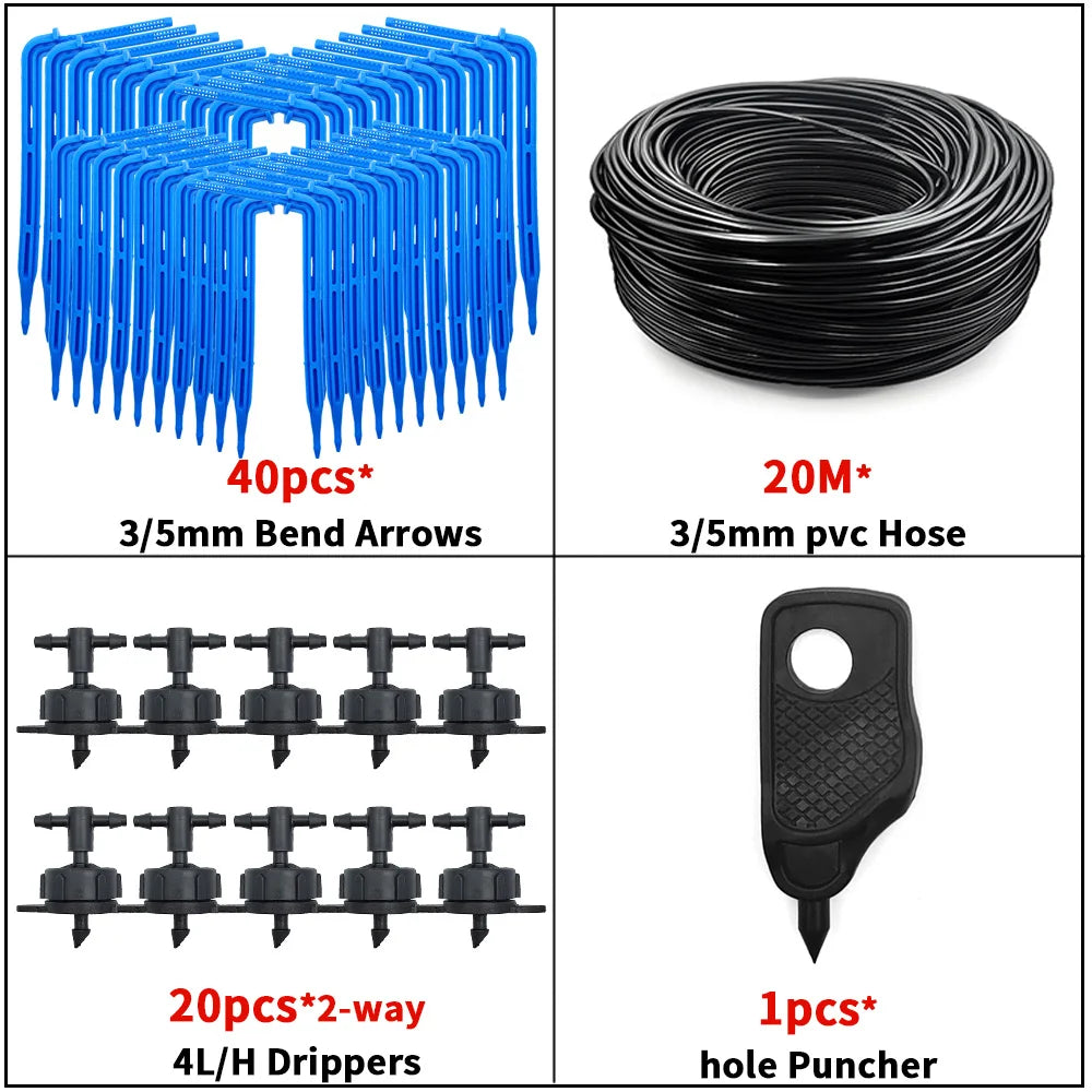 2-way drip irrigation kit with coiled 3/5mm hose, 20 black drippers, and hole puncher