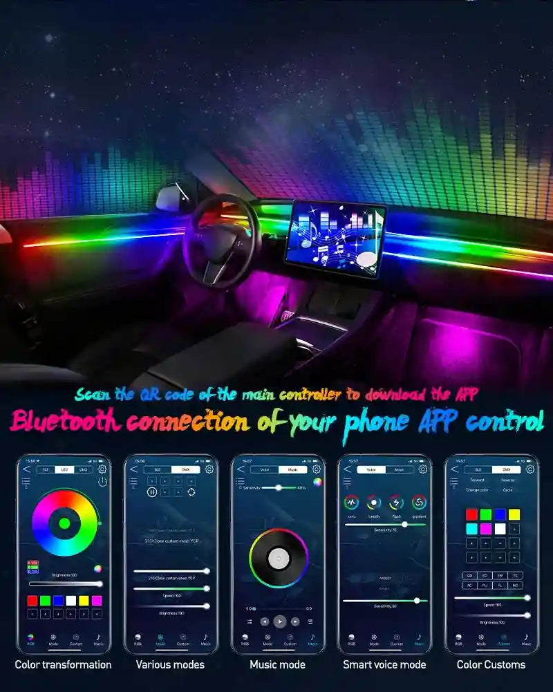 App-controlled RGB LED car interior ambient lighting strips with color-changing light effects and smartphone settings.