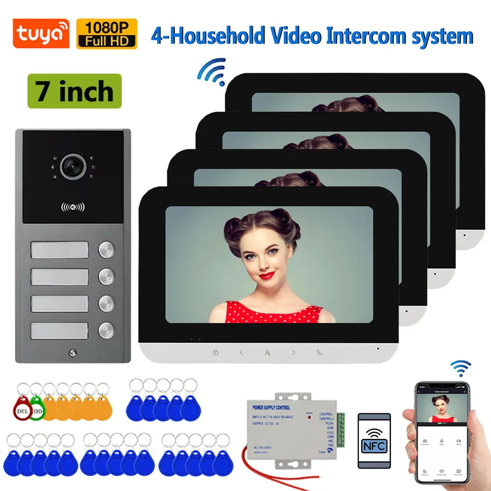7-inch video intercom monitor and outdoor door station with RFID keys, black and gray.