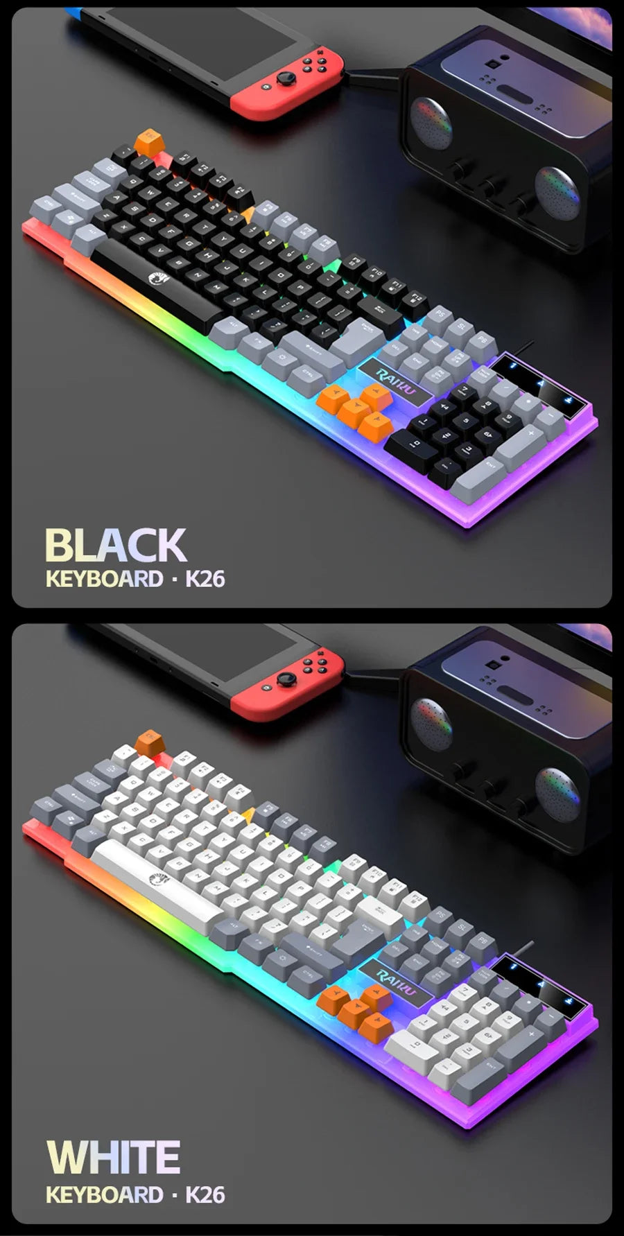 Single Keyboard and Keyboard Mouse RAIKU T26 Three Tone Luminous Keyboard Mouse Wired Mechanical Touch Gaming Mouse Keyboard Set