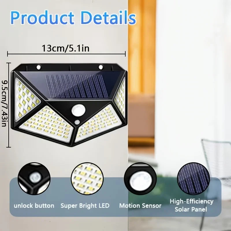 6/4 Pack 100 LED Solar Wall Lights, IP44, Solar Powered with 6-8 Hours Battery Life, Built-in Motion Sensor Auto On, 6500K Color Temperature, Ideal for Street, Courtyard, Mall And Parking Lot Lighting, Ideal Gift for Family