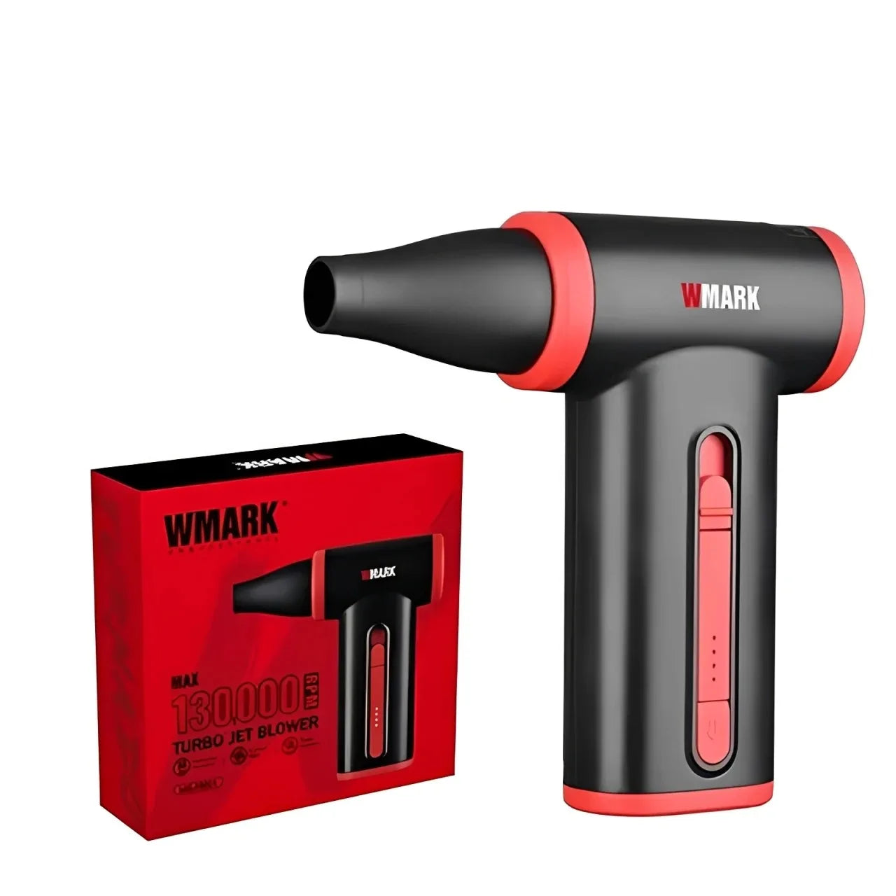 WMARK 130K RPM cordless hair dryer in black and red with nozzle attachment and matching retail box.
