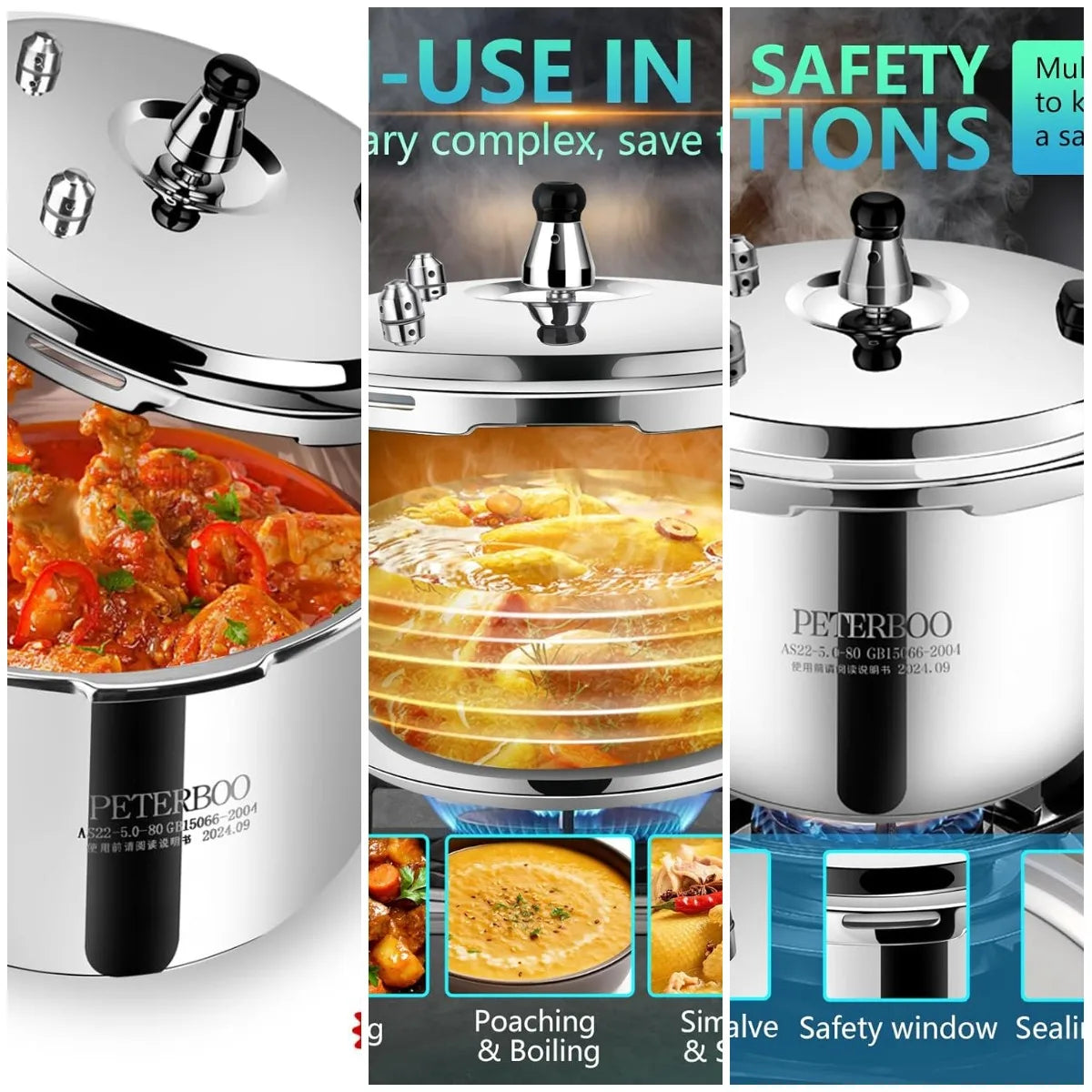 Stainless steel pressure cooker with domed lid and black safety valve knob
