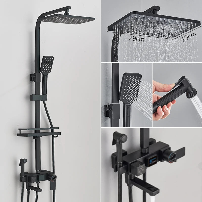 4 Ways Digital Display Shower Faucet Bathroom Thermostatic/Hot Cold Rainfall Shower Head Brass Rotate Mixers Bidet Faucet
