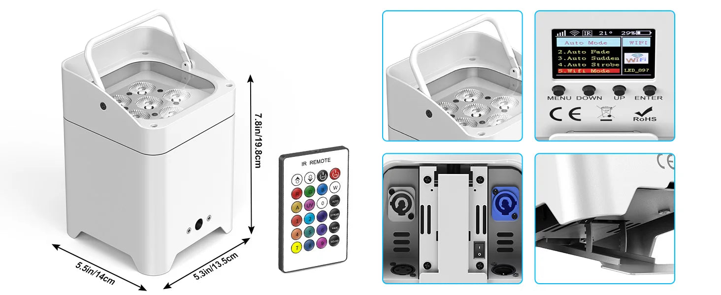 U'King 4PCS RGBWA+UV LED Par Light with Bag 6x18W DMX Stage Light Rechargeable Built-in Battery Wireless Par Light Dyeing Light