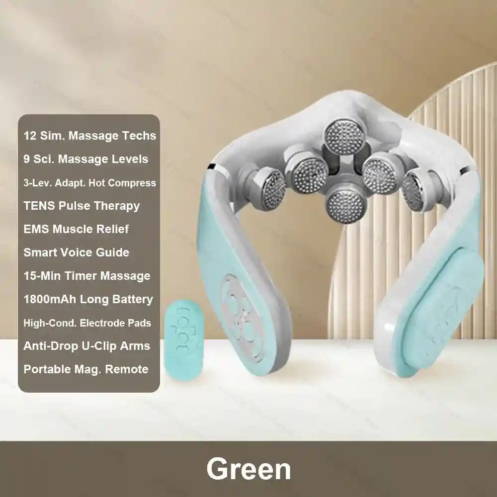 Cervical Neck Massager - TENS Pulse Heat Therapy for Muscle Relief Eye Massage Instrument Green Tidesmit