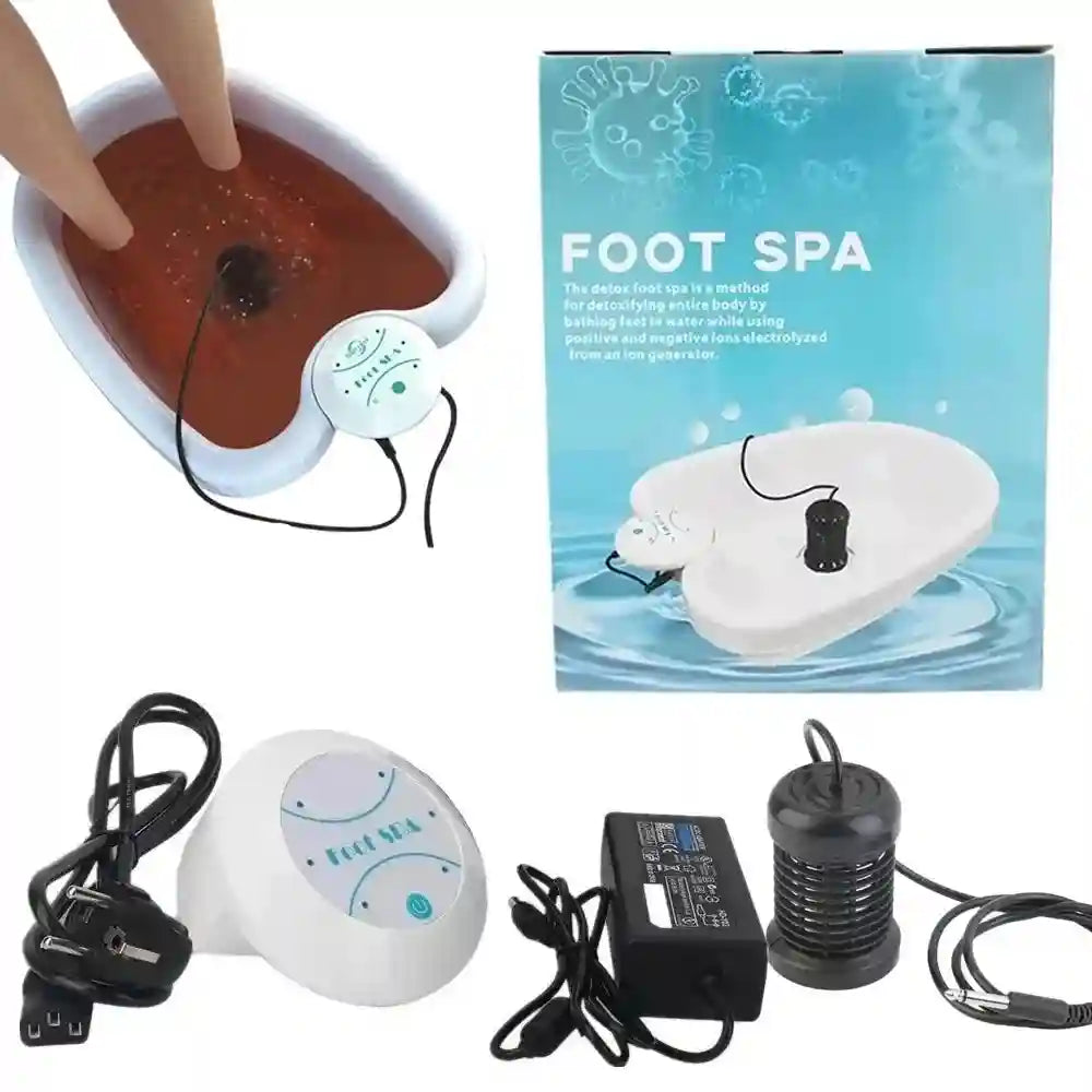Ionic foot detox spa machine with white basin, ion generator, power adapter, and control unit for home relaxation.