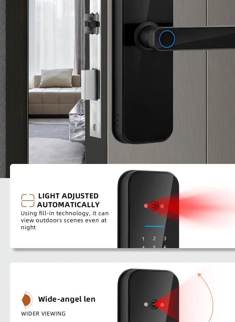 XSDTS New Tuya Wifi Digital Electronic Smart Door Lock With Biometric Camera Fingerprint Smart Card Password Key Unlock