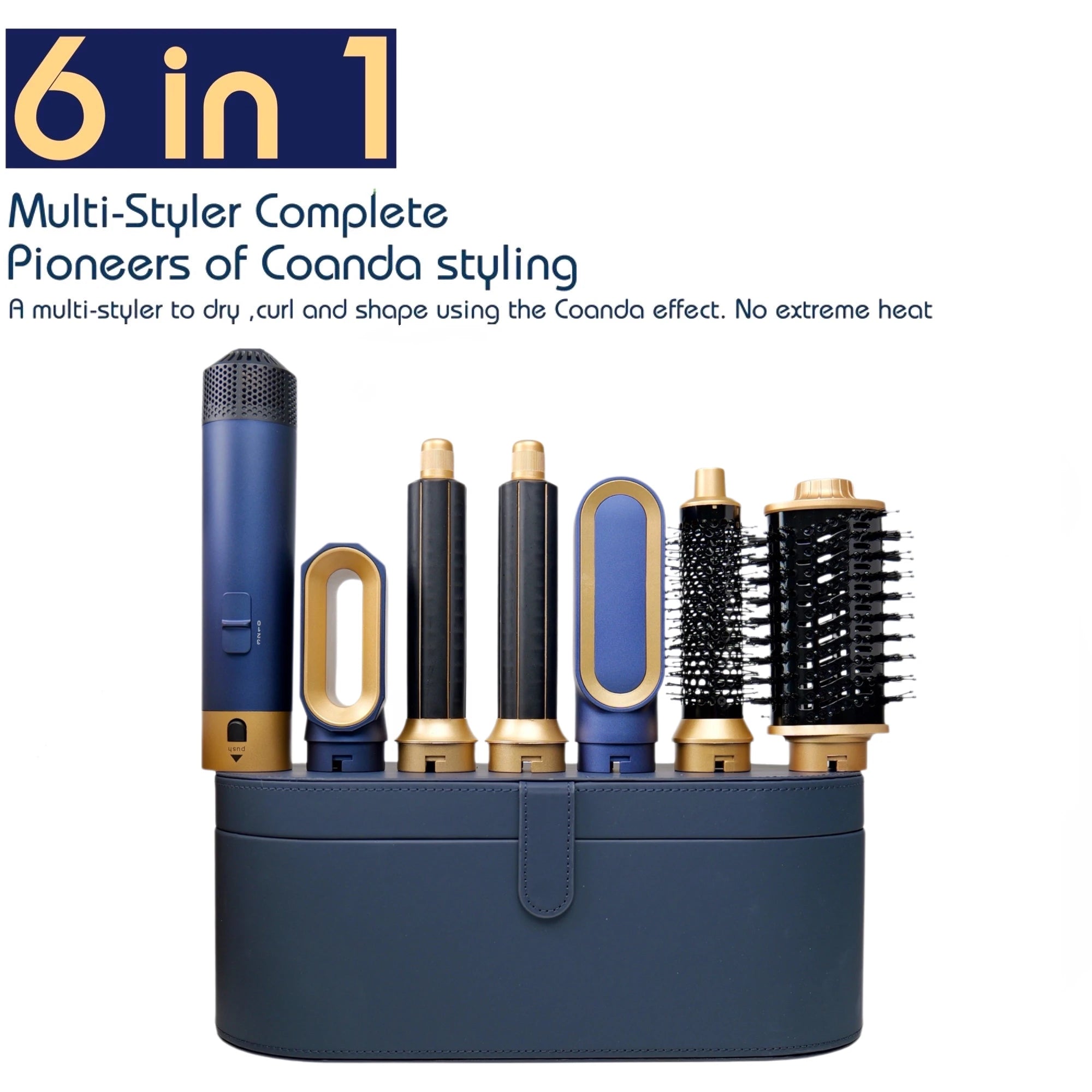 6-in-1 blue and gold multi-styler hair dryer set with curling barrels, hot air brush, and storage case.