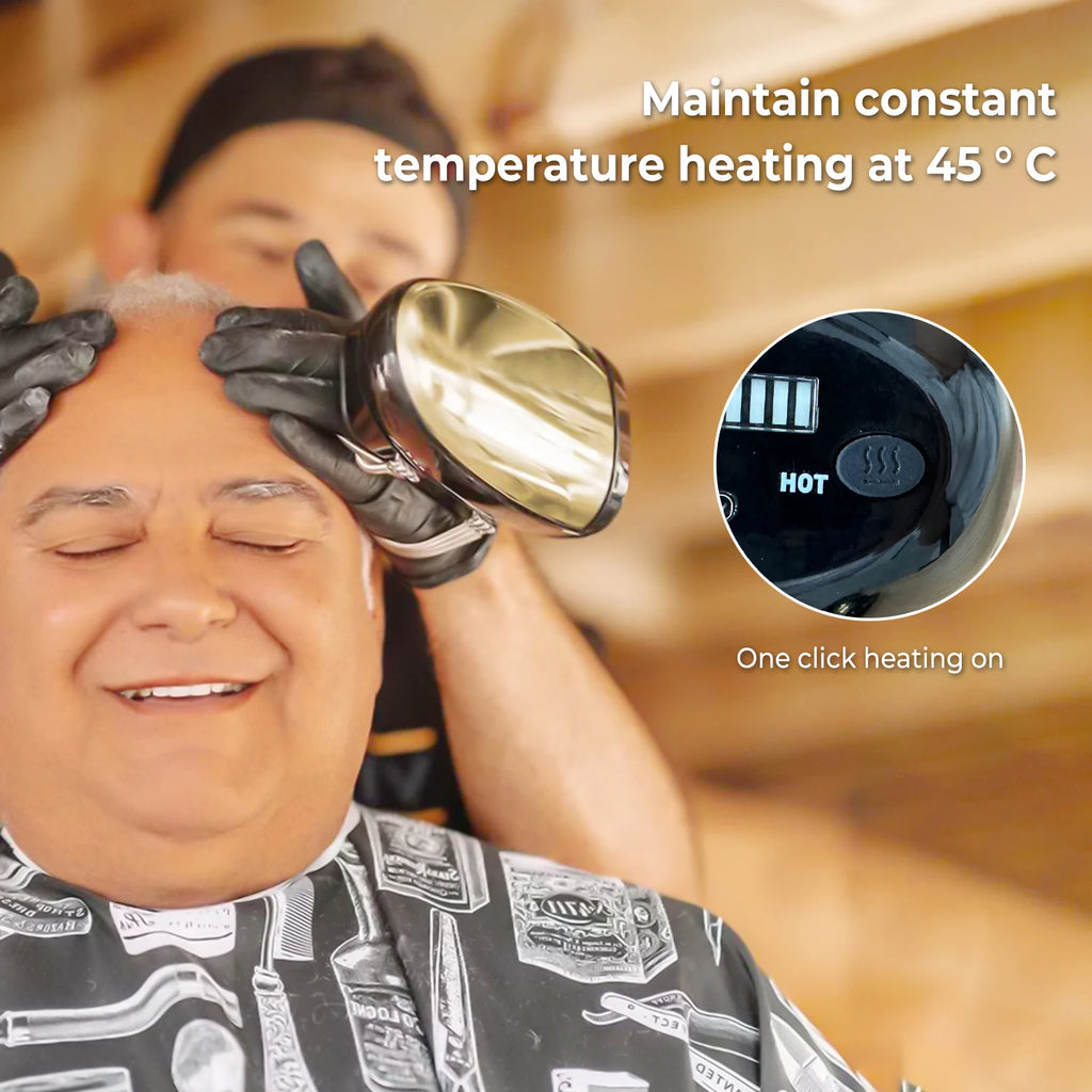 A barber uses a metallic, handheld cordless heat massager on a client's head. Circular inset shows "HOT" button control.