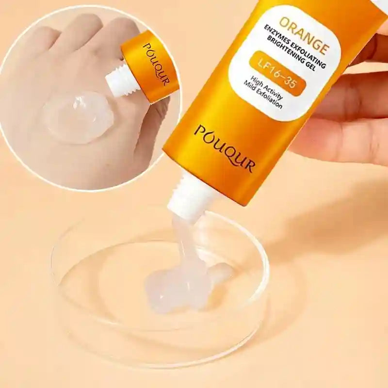 A bright orange squeeze tube of Pouqur peeling gel dispensing a clear, viscous exfoliating gel into a petri dish.