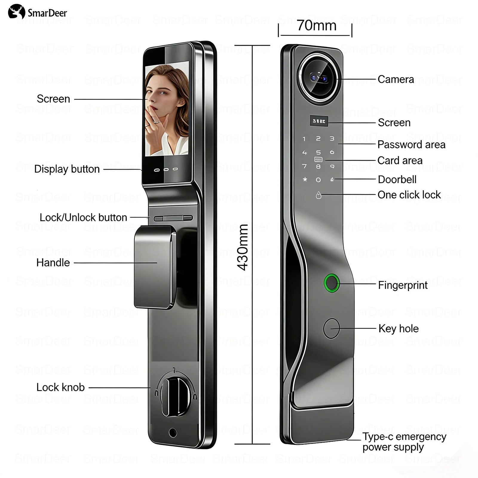 3D Facial Recognition Smart Door Lock with Video Doorbell Camera, Tuya WiFi Fingerprint Password Keyless Security Lock