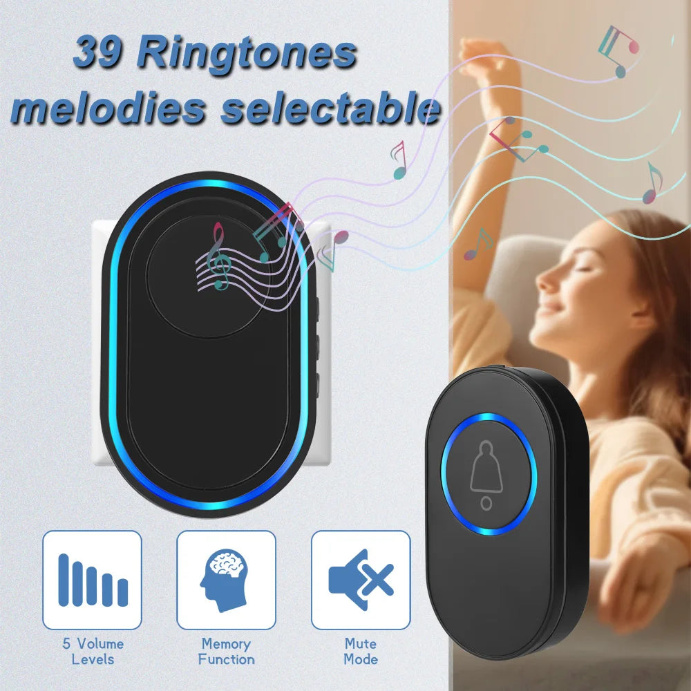 Wireless Doorbell 39 Music LED Flash Security Alarm Outdoor IP65 Waterproof Smart Home Intelligent Door Bell Chime Kit