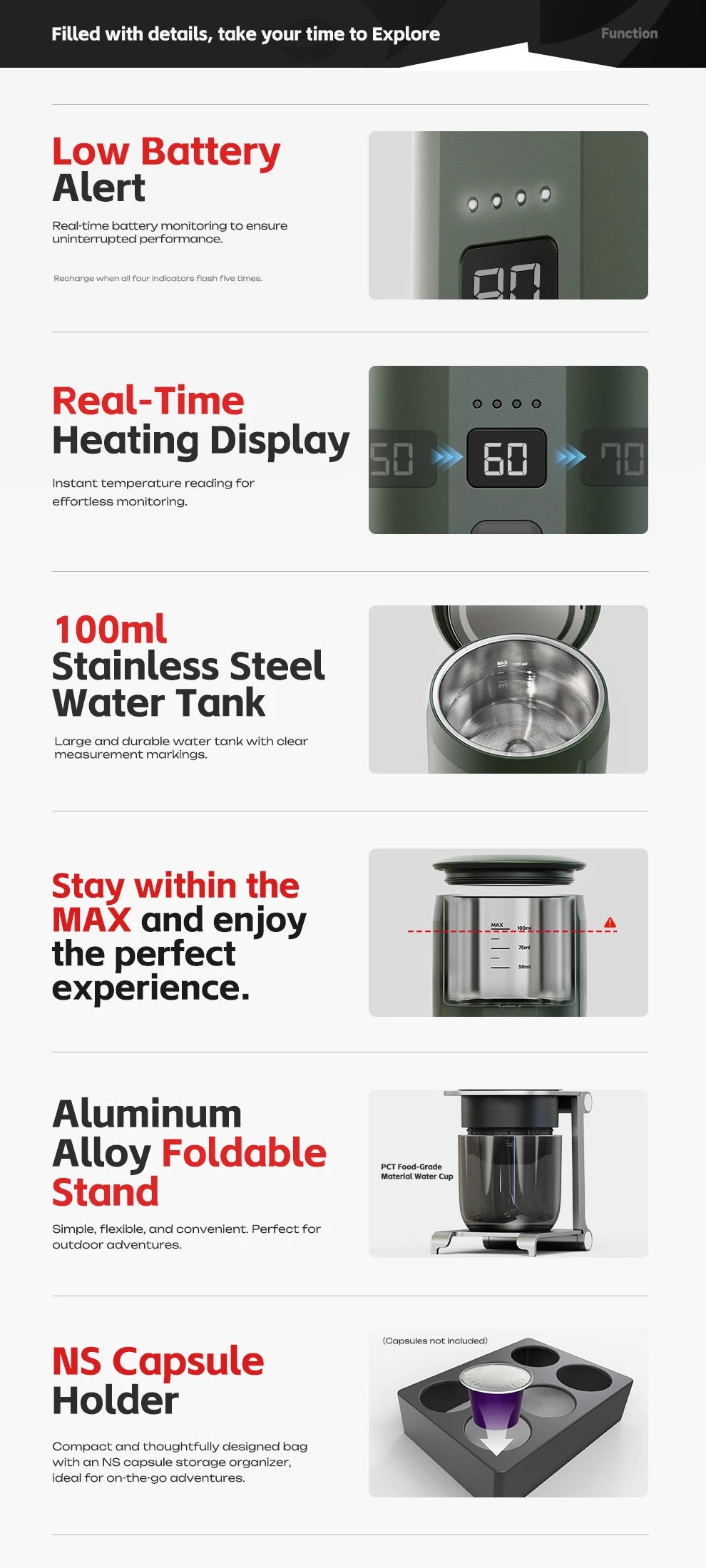 Green portable coffee maker features a 100ml stainless steel tank, digital temperature display, and foldable stand.