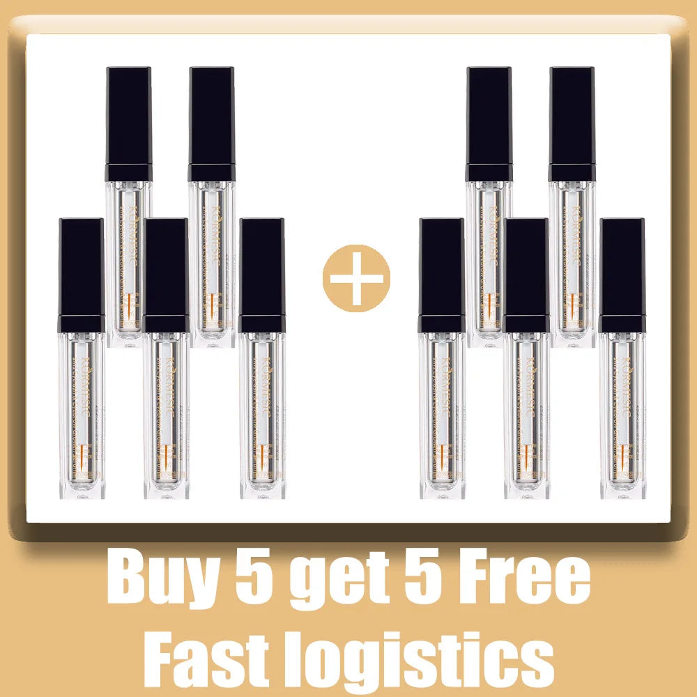 10 tubes of 2-in-1 eyebrow and eyelash growth serum in clear bottles with black caps, buy 5 get 5 free promotion.