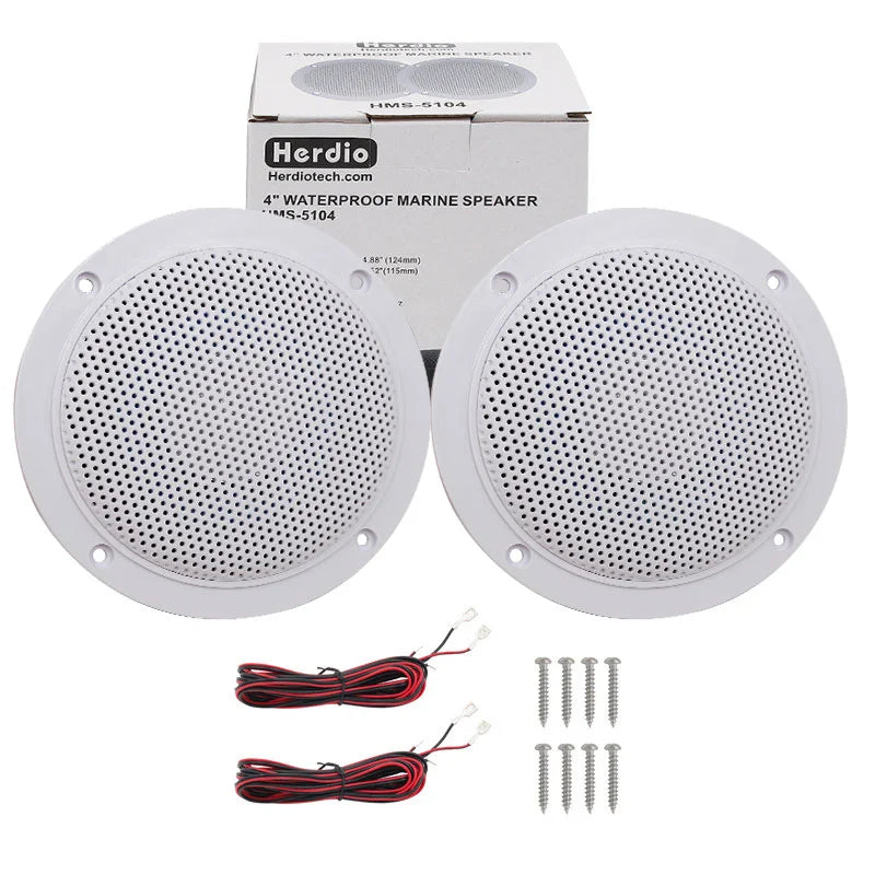 White 4-inch marine speaker pair with perforated grille, mounting screws, and red/black wires
