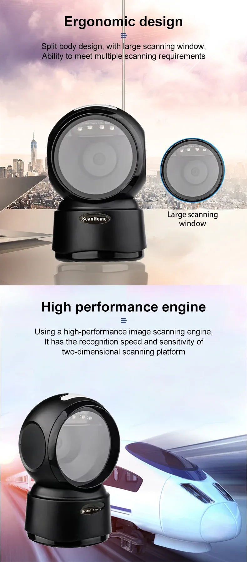 Black 2D barcode scanner base with circular scanning window and dual viewing heads