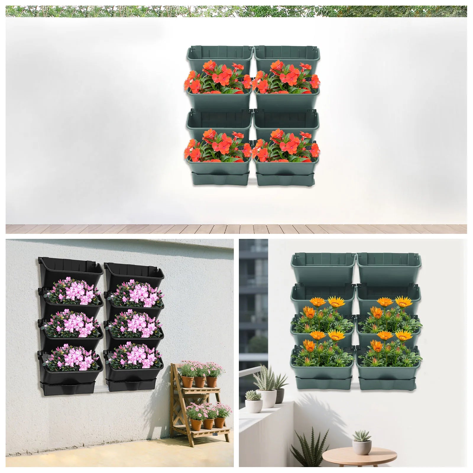 8PCS Wall-Mounted Planter, Vertical Garden Planter, Wall-Mounted Planter for Indoor and Outdoor Decor Black/Green