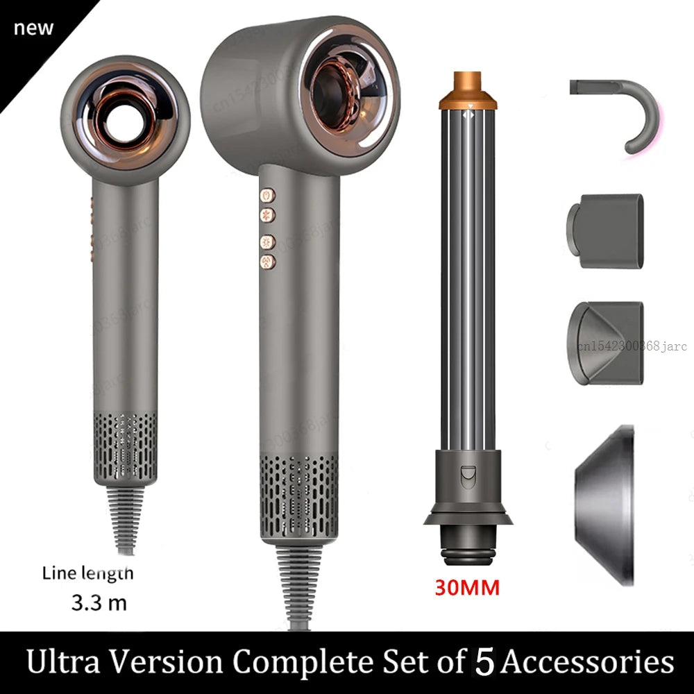 Grey professional ionic leafless hair dryer set with 5 styling attachments and 3.3m cord for salon-quality hair care.