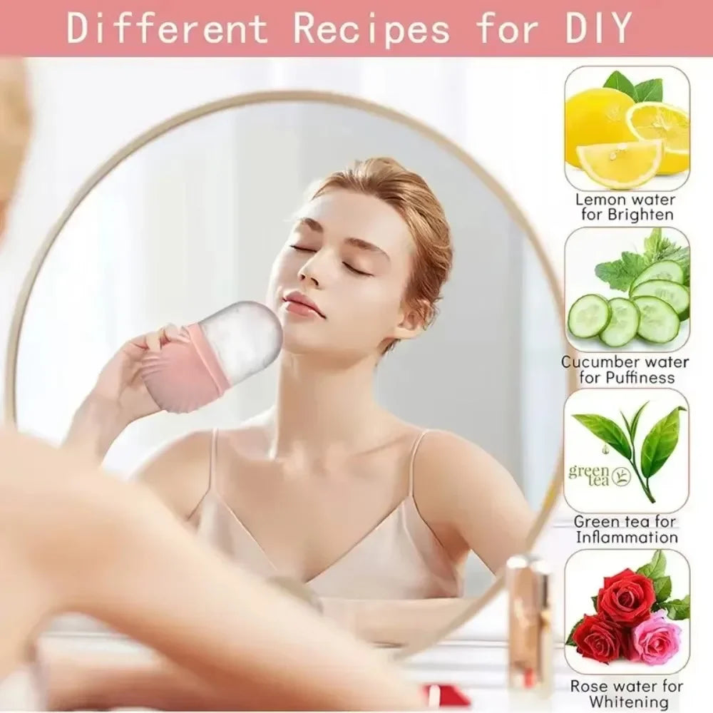 A woman uses a pink, silicone ice face roller on her jaw, with side panels showing DIY recipes using fruit and herbs.
