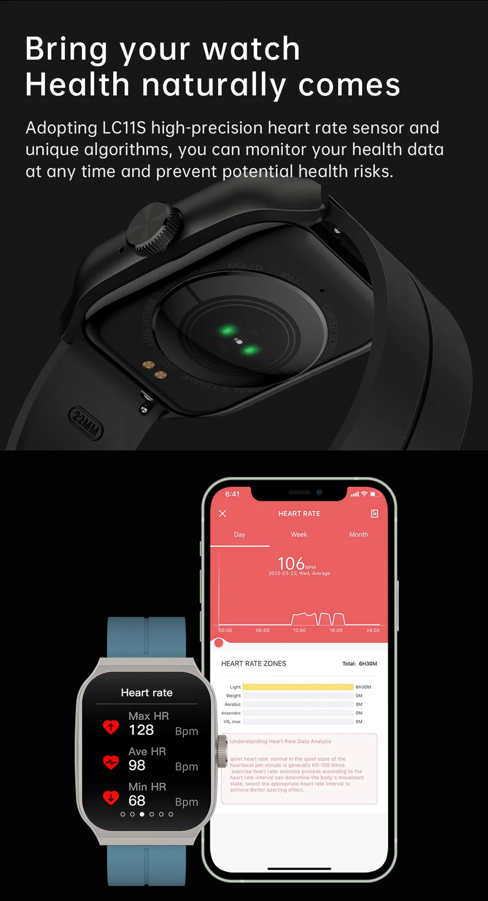 YLL-HRS H99 Smart Fitness Tracker Watch Exercise Record Heart Rate Monitor Sleep Tracker Custom Dial Chronograph Alarm Clock