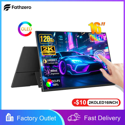 A 16-inch portable 2K OLED touchscreen monitor with thin black bezels, shown at an angle with a hand touching the screen.