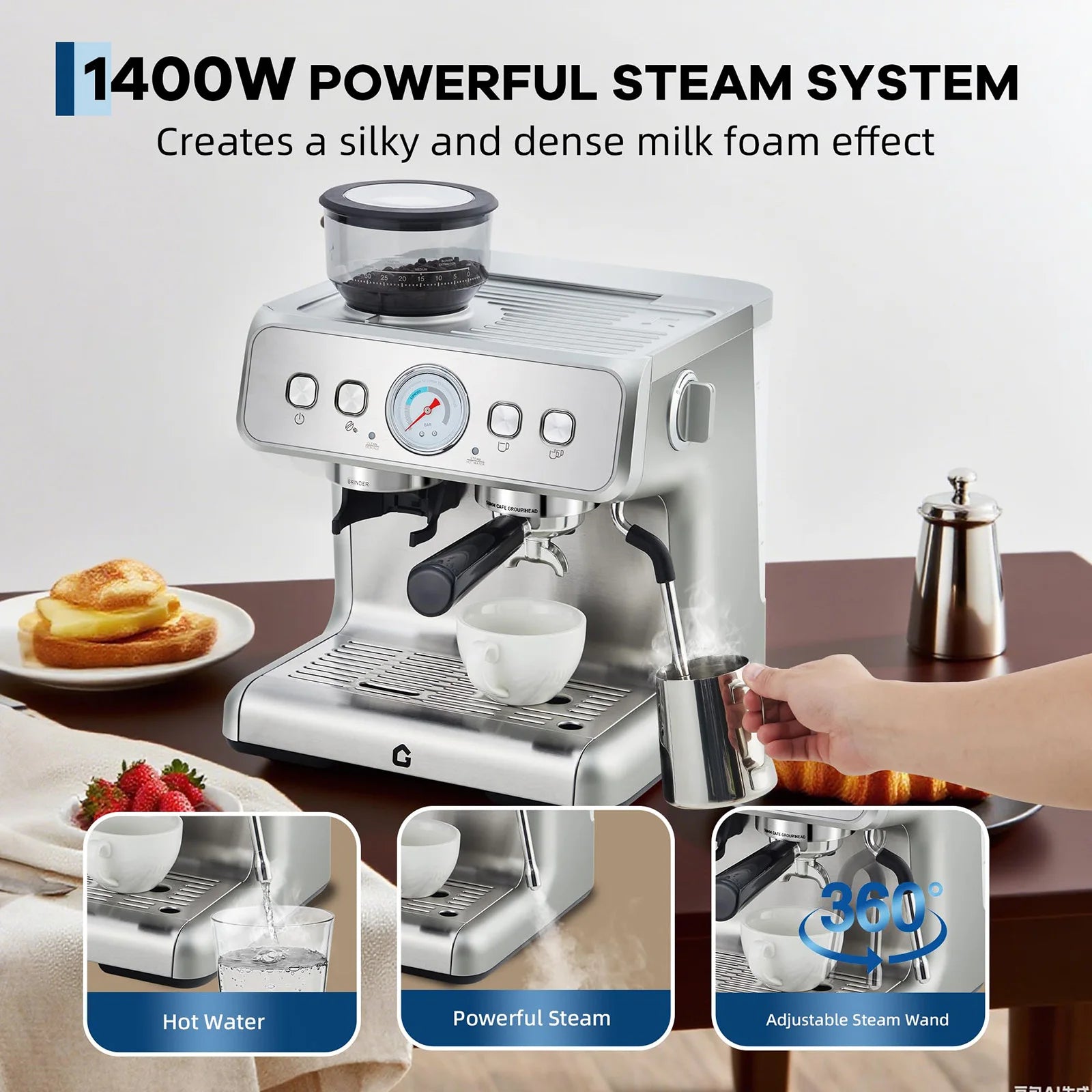 Silver 1400W espresso machine with built-in grinder, pressure gauge, and 360-degree adjustable steam wand.
