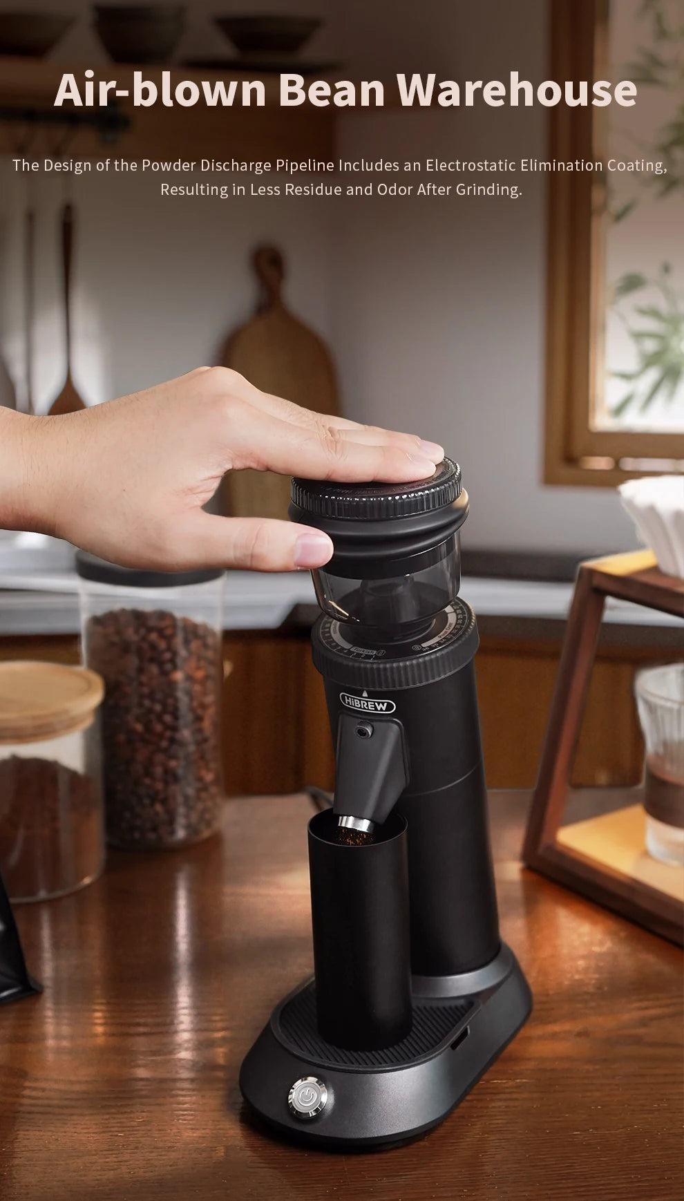 HiBREW matte black electric coffee grinder with air-blown bean hopper and anti-static powder discharge chute.