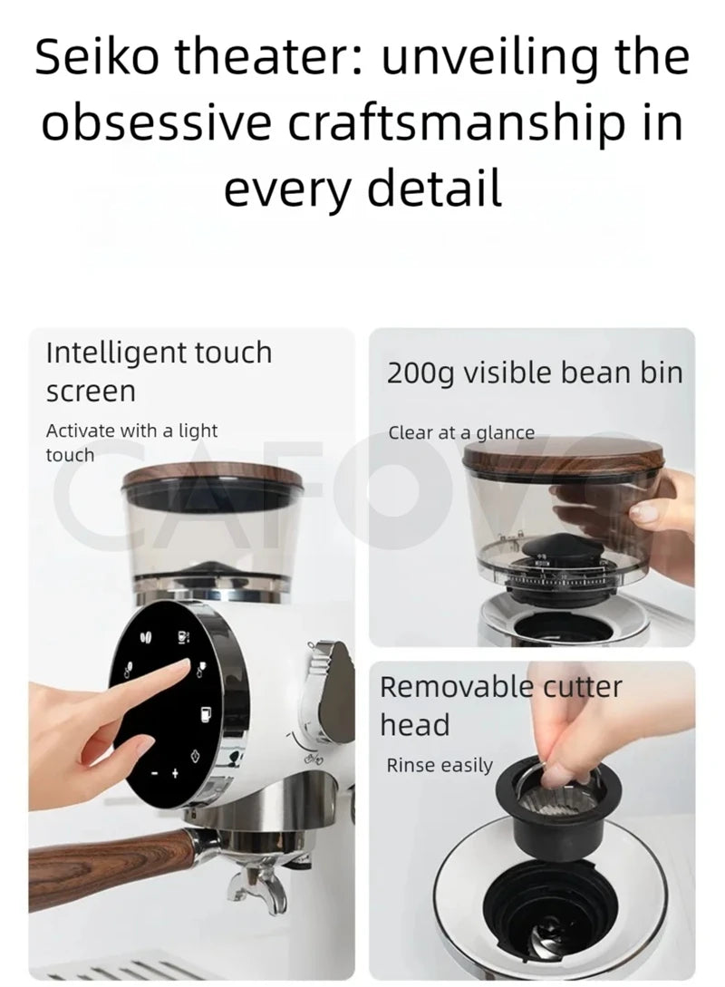 White coffee grinder with 200g bean bin, touchscreen, wood-grain handle, and removable cutter head for easy cleaning.