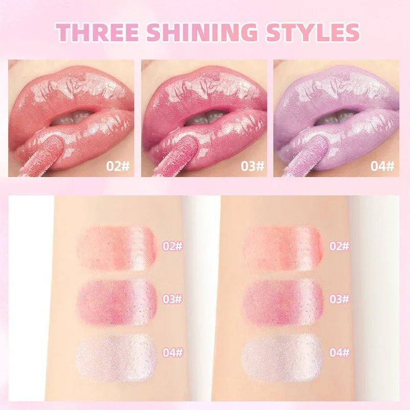 Taro purple and pink shimmering lip gloss set with gold sparkle, glassy jelly shine, and moisturizing plumping effect.