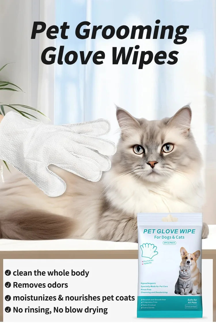 6-pack wash-free pet grooming glove wipes for cats and dogs. White deodorizing, moisturizing cleaning wipes for easy care.